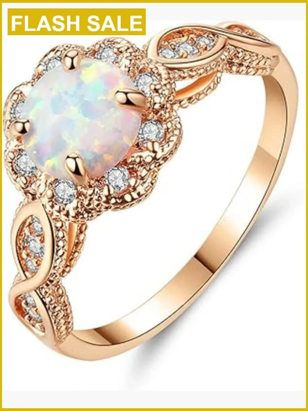 18K Gold Plated Opal Ring Band - White Fire Opal Amethyst Cubic Zirconia Size